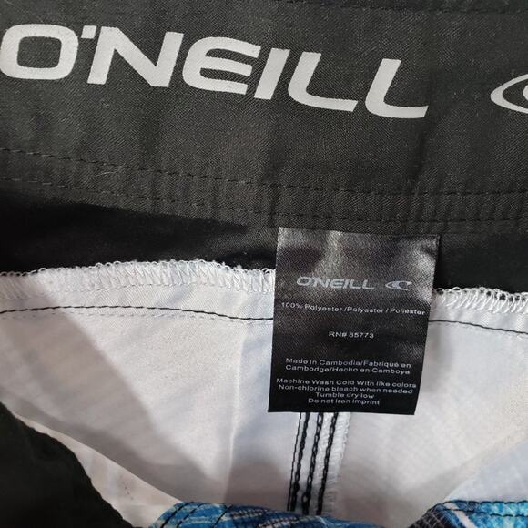 O'neill Board Shorts Men 33 Blue, Black, White Plaid w/ Side Zip Pocket - Picture 8 of 8